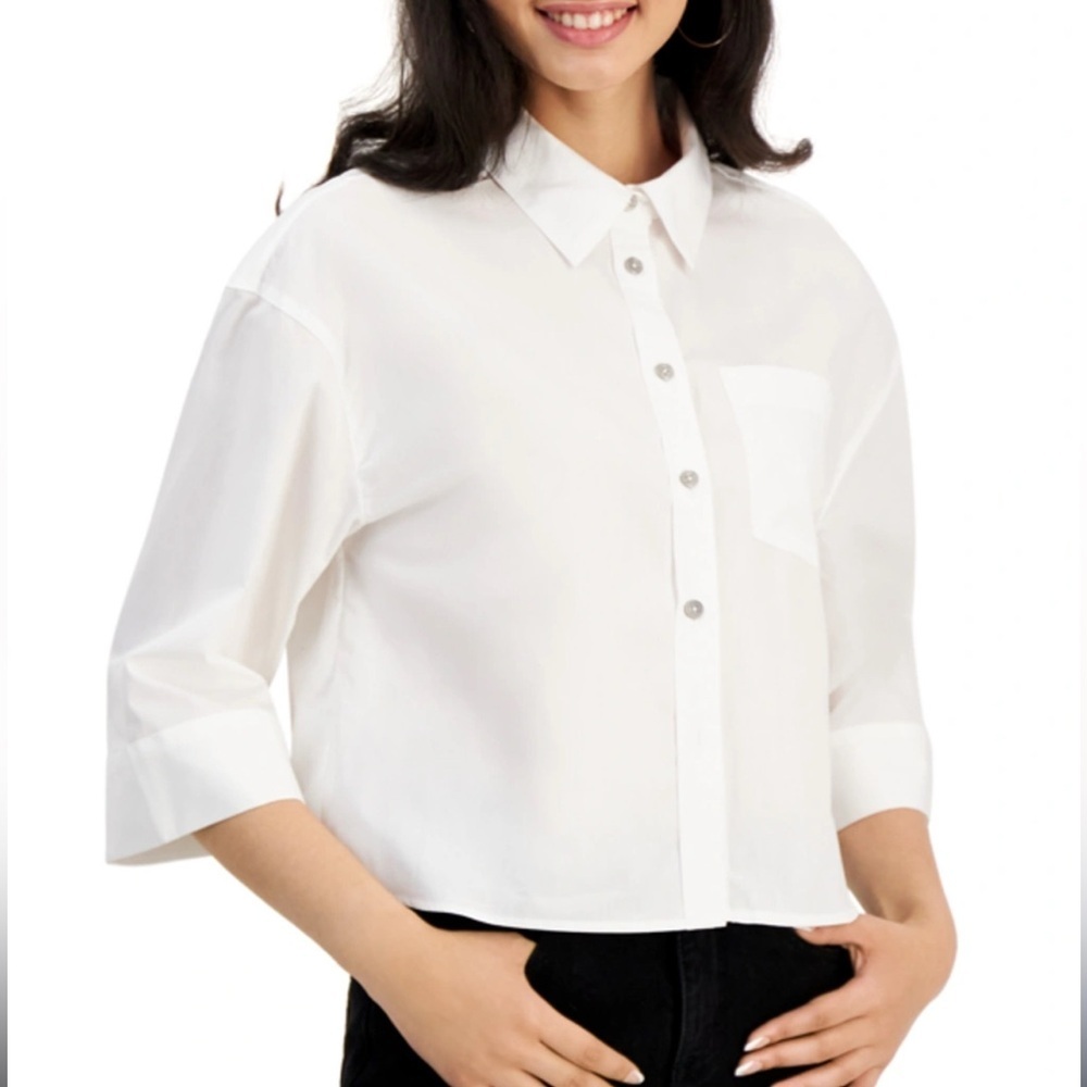 NWT DKNY JEANS White Cotton Cropped Button-Up Shirt Size L